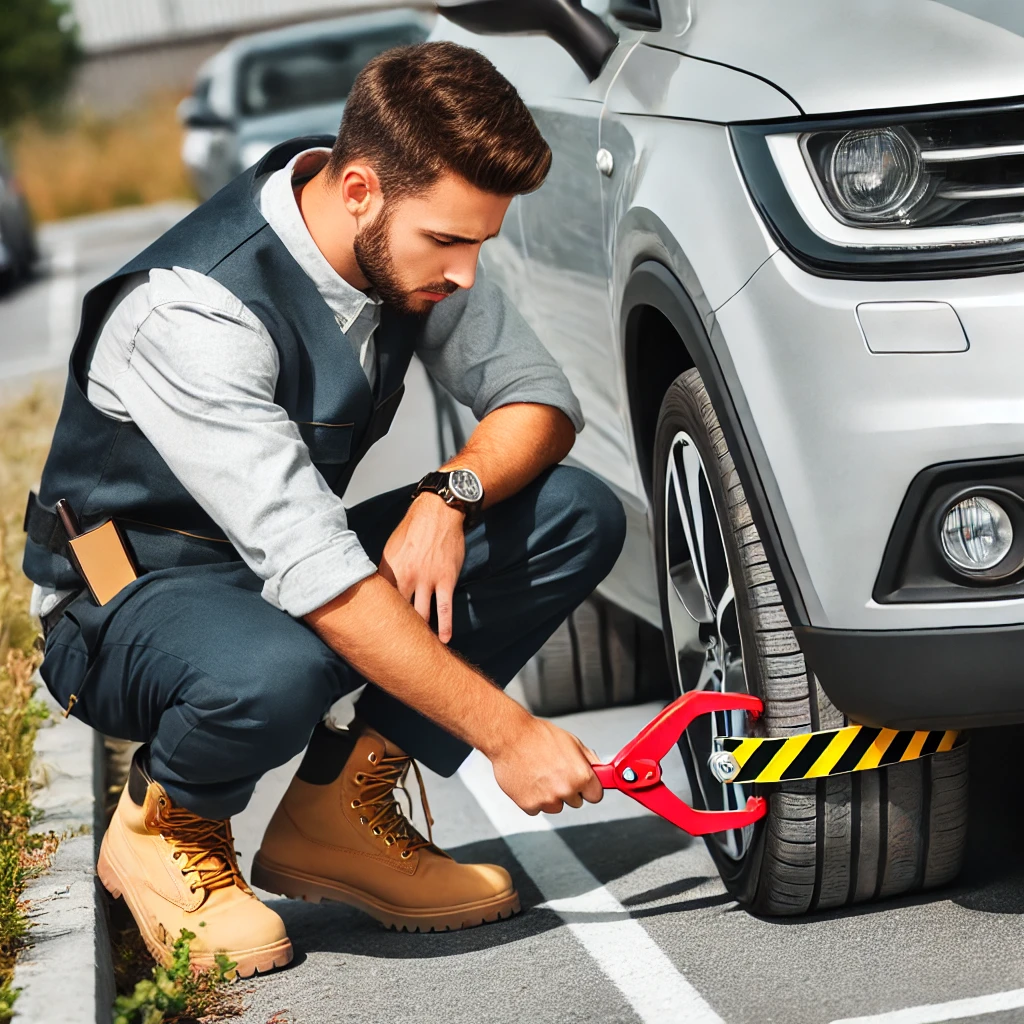 A-professional-parking-enforcement-officer-attaching-a-red-and-yellow-tire-clamp-to-a-car-in-an-outdoor-parking-lot.-The-officer-is-casually-dressed